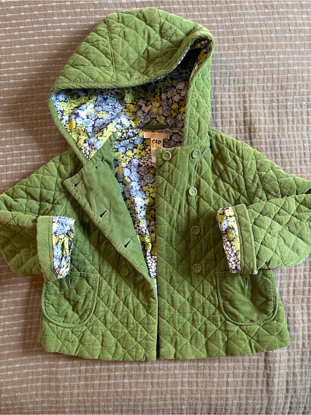 Janie and Jack Girls Green Quilted Corduroy Hooded Jacket Floral Size 4T-5T